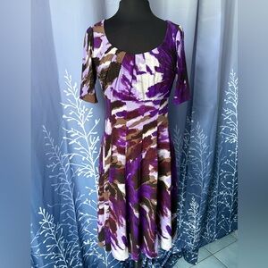 London Times Abstract Purple and Brown Midi Dress